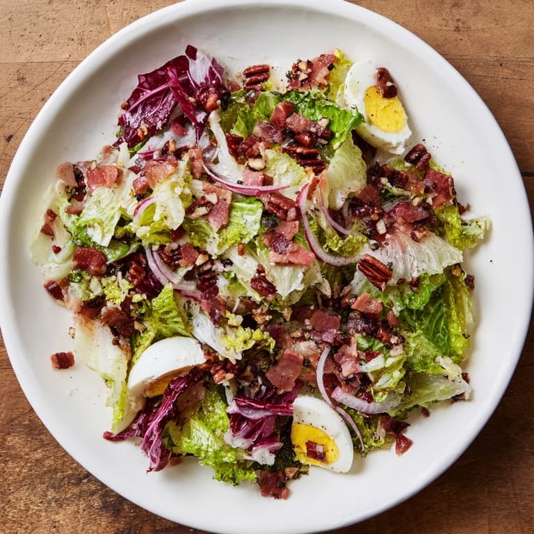 Enjoy a plated Bitter Greens Salad with Warm Bacon Dressing, perfect for a flavorful weeknight meal.