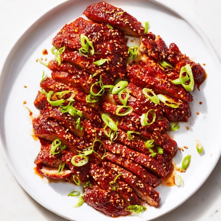 Plated, sliced Sweet and Spicy Sriracha Honey Chicken with a glistening glaze and green onion garnish.