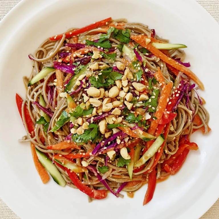 Delicious Cold Noodle Salad featuring soba noodles and crisp veggies coated in sesame-ginger dressing.
