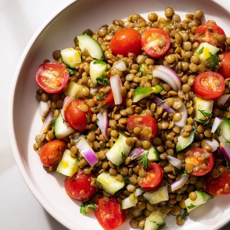 A hearty bowl of lentil salad, with visible diced vegetables and a flavorful mustard dressing.