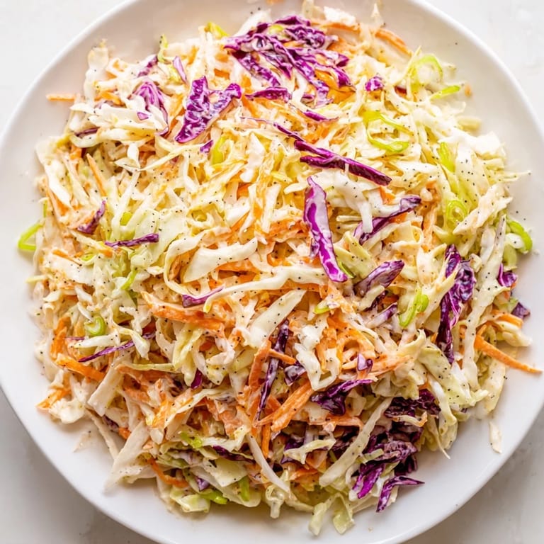 Homemade Quick Coleslaw Salad with colorful shredded vegetables offers a refreshing, cool side to any meal.