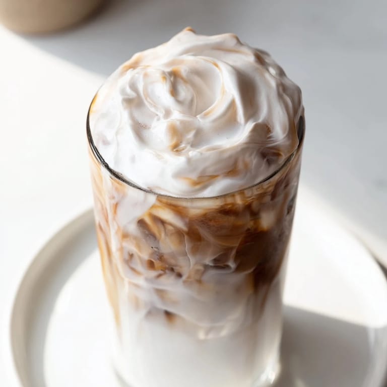 Creamy, homemade Starbucks Cold Foam, a perfect topping for iced coffee, looks rich and incredibly delicious.