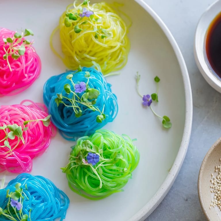 These colorful neon noodle clouds offer a playful twist, boasting a delightful bouncy texture, served cold.