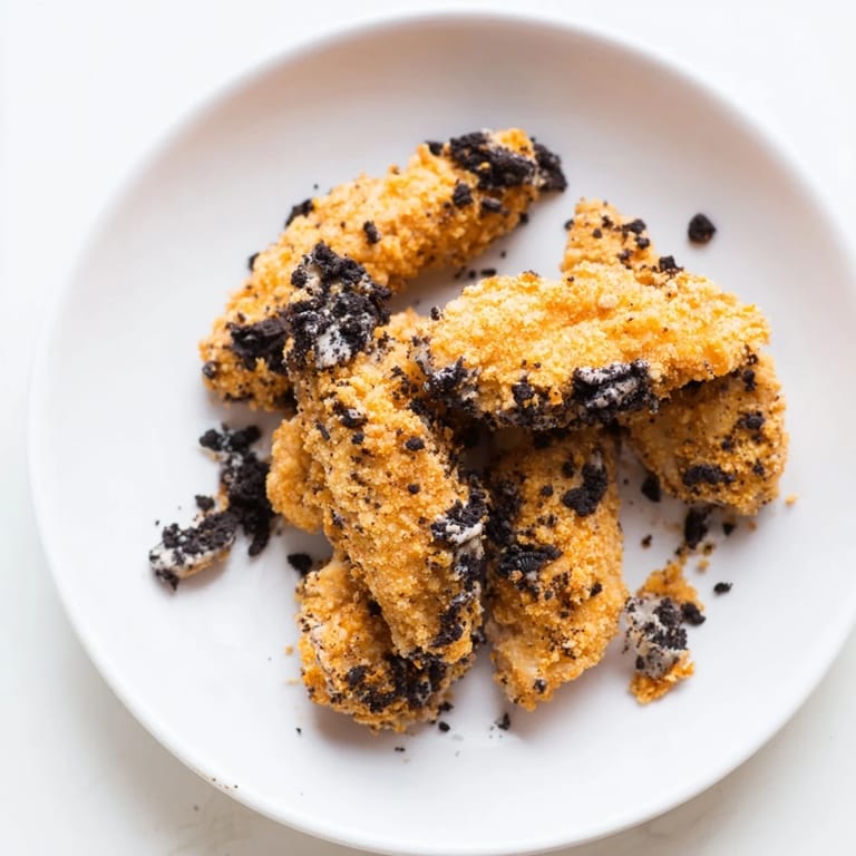 Crispy, sweet Oreo-coated KFC-style fried chicken tenders, ready for dipping and delicious enjoyment.