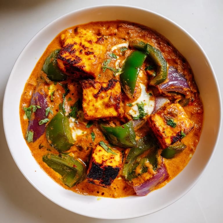 A bowl of aromatic Paneer Tikka Masala: tender paneer in a creamy tomato sauce, garnished with cilantro.