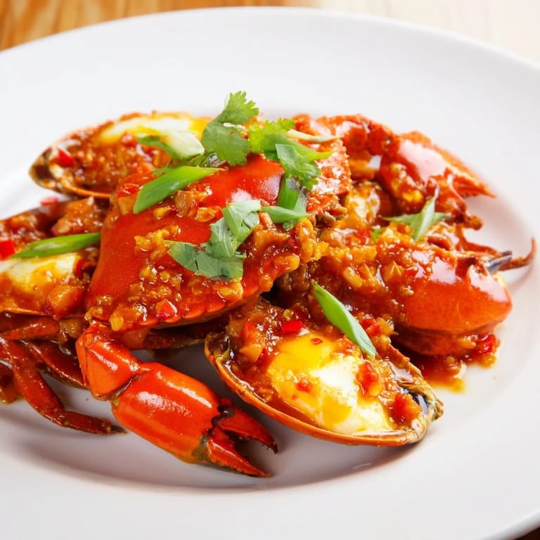 Mouthwatering Singaporean Chili Crab served with green garnishes and ready to be enjoyed.