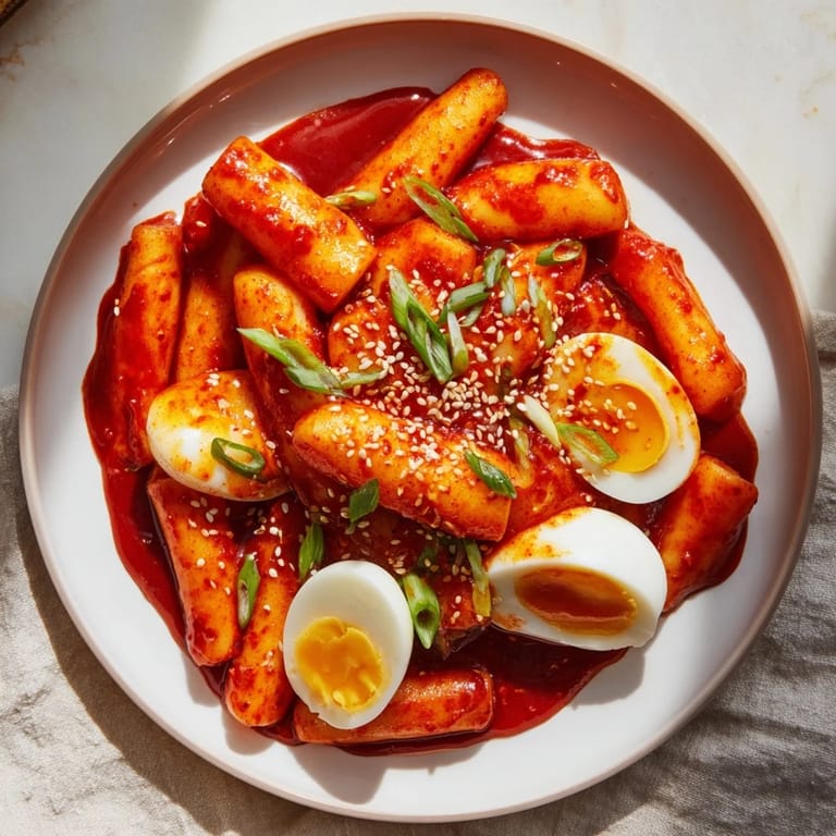 A close-up of Korean Tteokbokki offering tender rice cakes, boiled eggs, and savory vegetables, ready to enjoy.