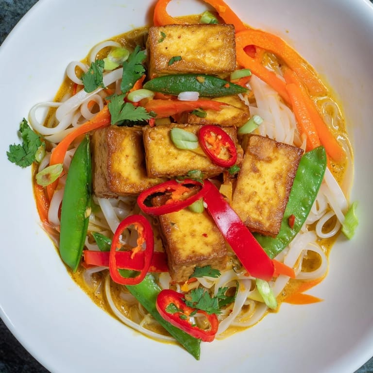 A close-up shot of rich Malaysian Laksa Curry, featuring tofu, noodles, and fresh cilantro, presented beautifully.