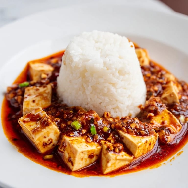 Close-up of bubbling, saucy Chinese Mapo Tofu with soft tofu and a garnish of fresh scallions.