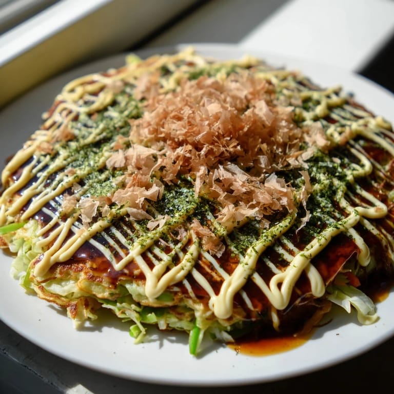 Savory toppings coat a fluffy Japanese okonomiyaki pancake; bonito flakes dance next to the drizzled sauce.