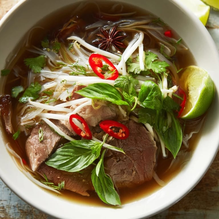 Quick Vietnamese Pho Express recipe showcasing sliced beef and rice noodles swimming in flavorful broth with garnishes.