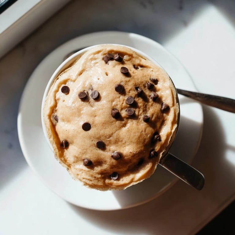 A fluffy Microwave Mug Pancake with chocolate chips overflows slightly from a white mug, paired with a spoon and fresh blueberries on a table.