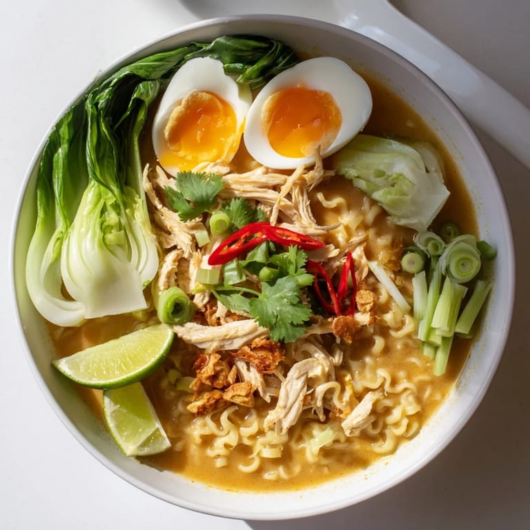 Close-up of Thai Miso Ramen featuring tender chicken, bright bok choy, and golden crispy shallots for a comforting meal.
