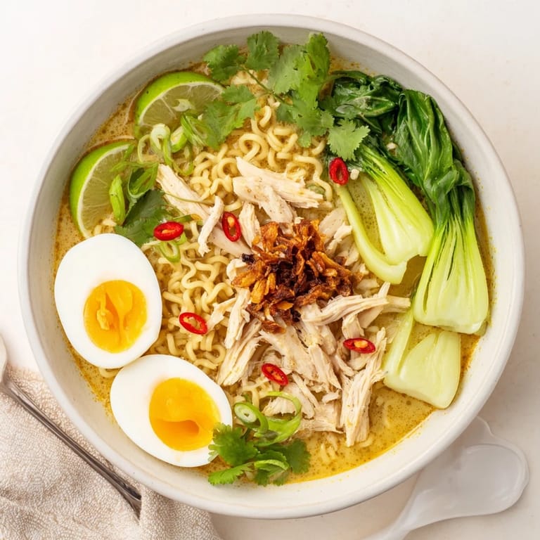 Thai Miso Ramen in a rich, aromatic broth topped with shredded chicken, lime wedges, and sliced red chili.