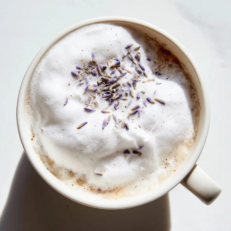 A close-up of the Whipped Lavender Latte reveals its fluffy purple-tinged foam and creamy coffee base.
