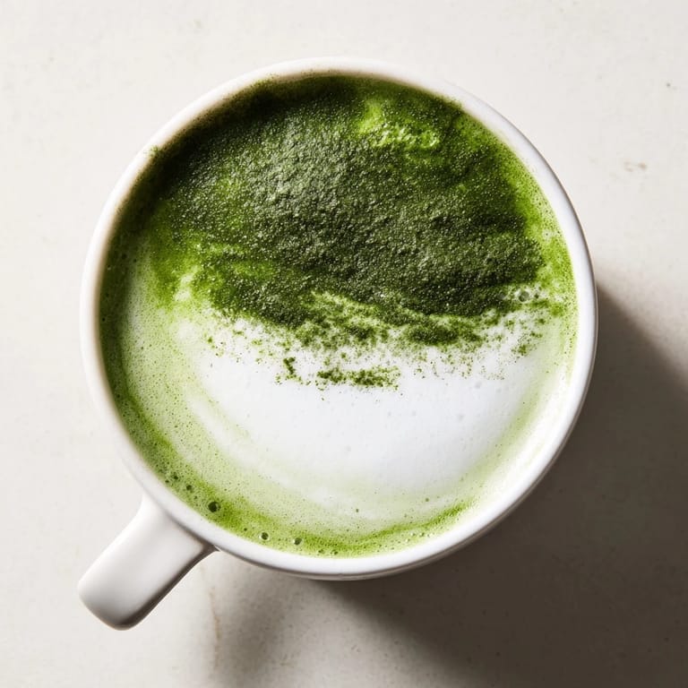 Smooth matcha green tea latte served in a cozy café setting, the steamed milk swirling gently with a sprinkle of matcha powder on the frothy top.  
