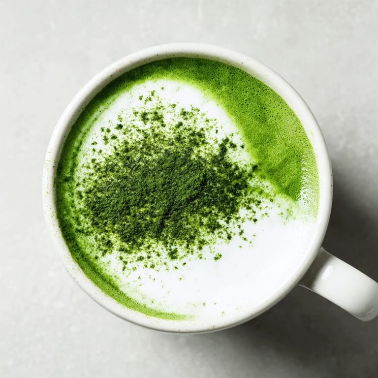 A frothy matcha green tea latte in a rustic ceramic mug, paired with a small bowl of honey and a fresh mint leaf garnish for an energizing treat.