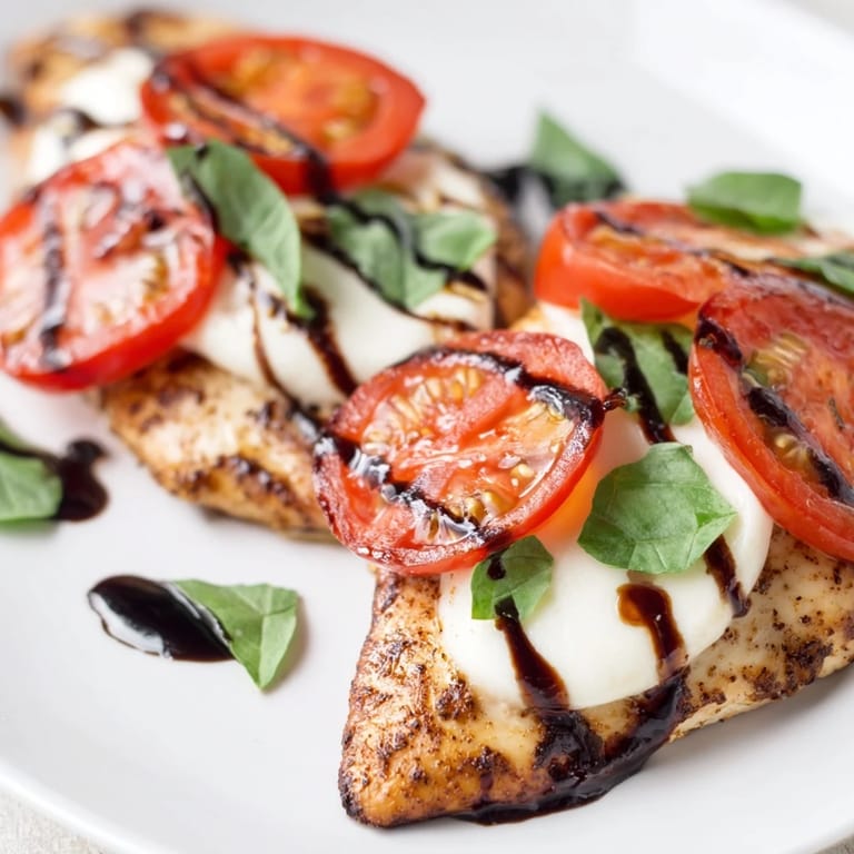 A serving of Caprese Chicken Skillet with melted cheese and fresh basil, perfect over zucchini noodles.
