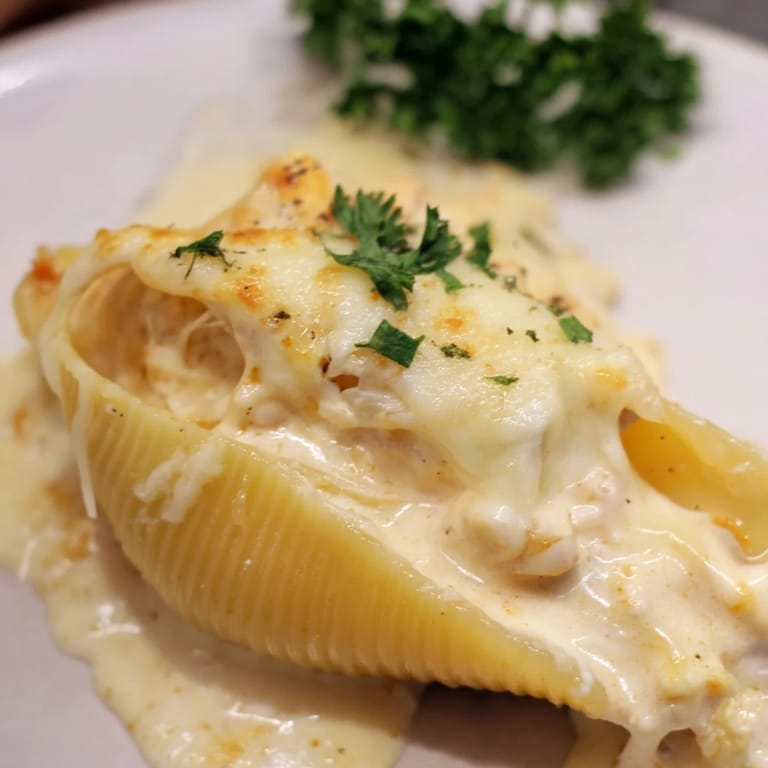 These jumbo pasta shells are filled with creamy chicken Alfredo, topped with golden cheese.  
