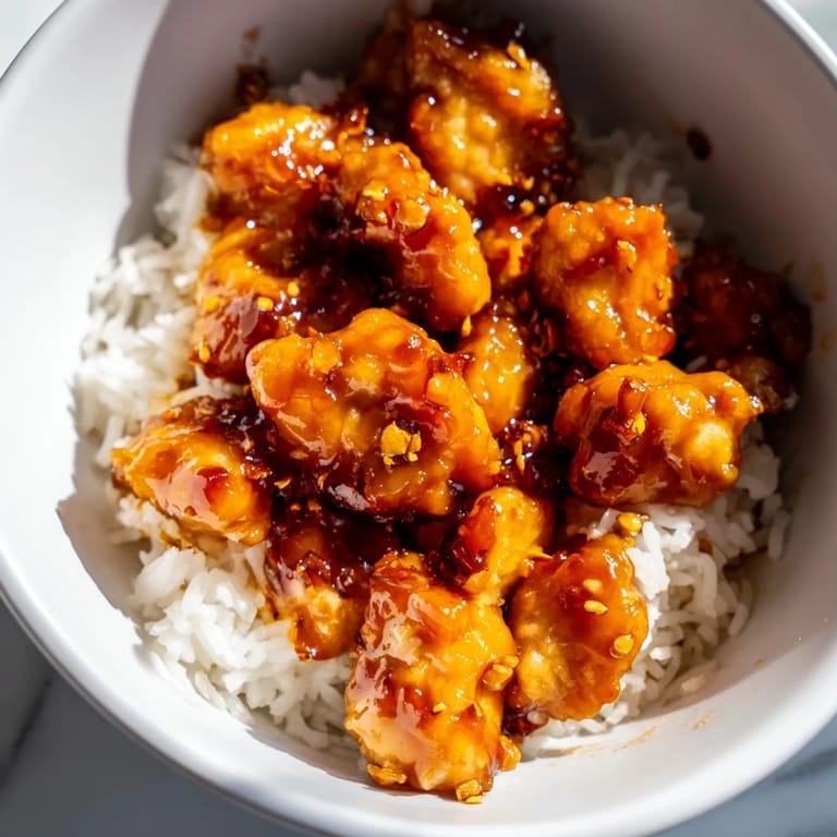 A close-up of Sweet Chili Chicken Bowl showing glossy sauce coating chicken, bright green broccoli, and white rice in a ceramic bowl.