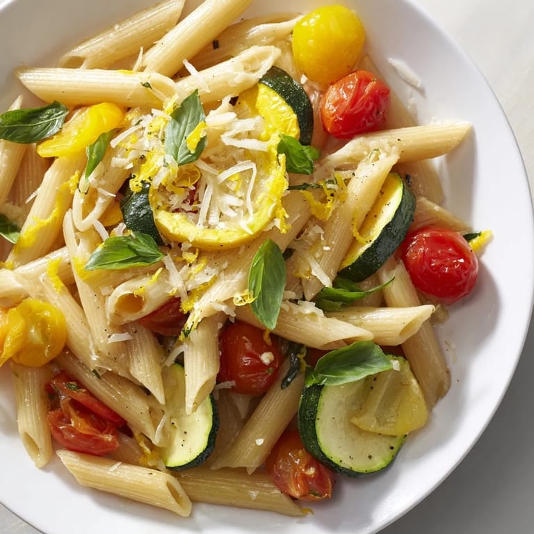 Steaming Garden Veggie Pasta in a white bowl, garnished with Parmesan and lemon zest, ready for a summer meal.