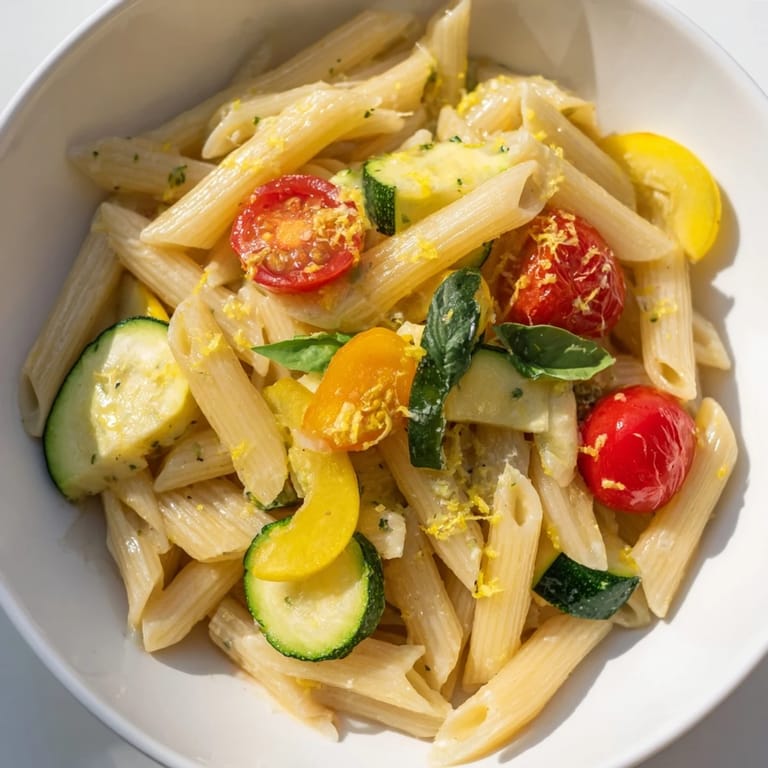 Close-up of Garden Veggie Pasta, highlighting sautéed vegetables and al dente penne coated in a light, glistening olive oil sauce.