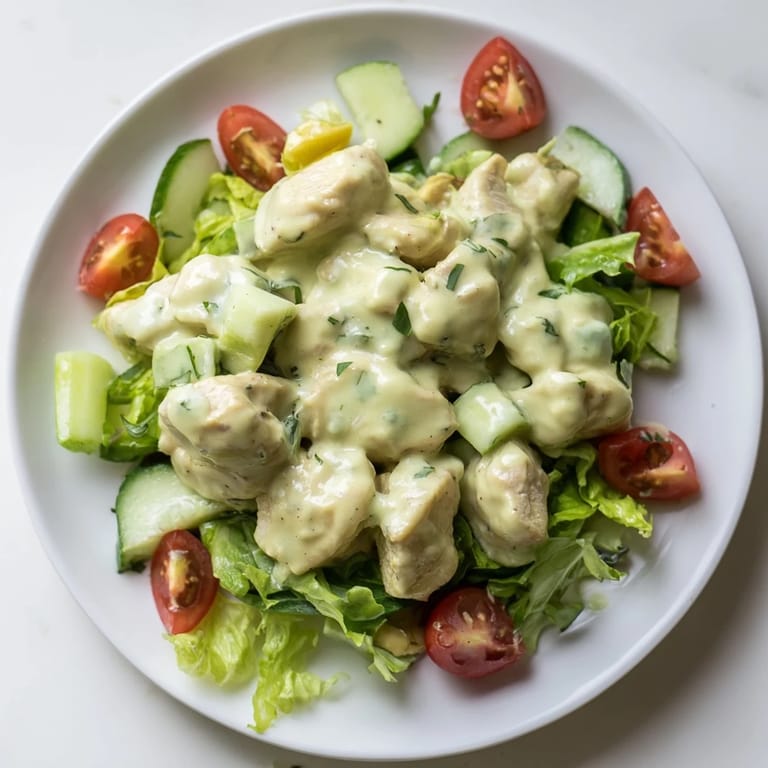 Fresh avocado ranch chicken salad garnished with herbs, paired with cherry tomatoes and cucumbers on a rustic plate.