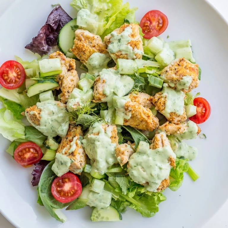 Hearty avocado ranch chicken salad with tender chicken, vegetables, and creamy dressing, perfect for a light lunch or dinner.