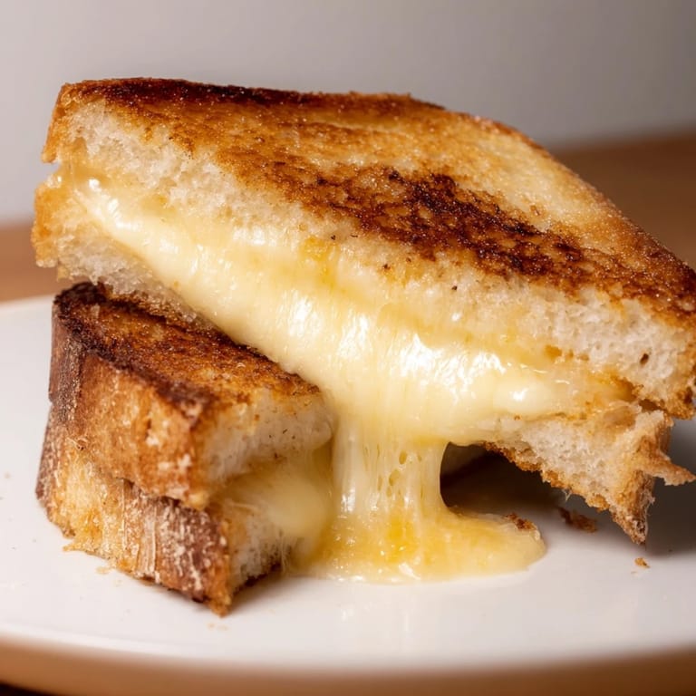 A freshly made Three-Cheese Grilled Cheese, sliced in half to reveal the stretchy, melted cheese blend, resting on a rustic wooden cutting board.