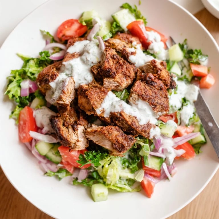 Colorful Chicken Shawarma Salad with juicy grilled chicken, diced veggies, and a tangy yogurt sauce, ready for a healthy dinner.