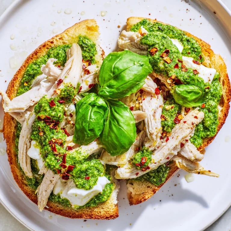 A close-up of a vibrant pesto chicken burrata toast, showing the melted cheese draping over savory chicken on a crisp, oil-brushed sourdough slice.