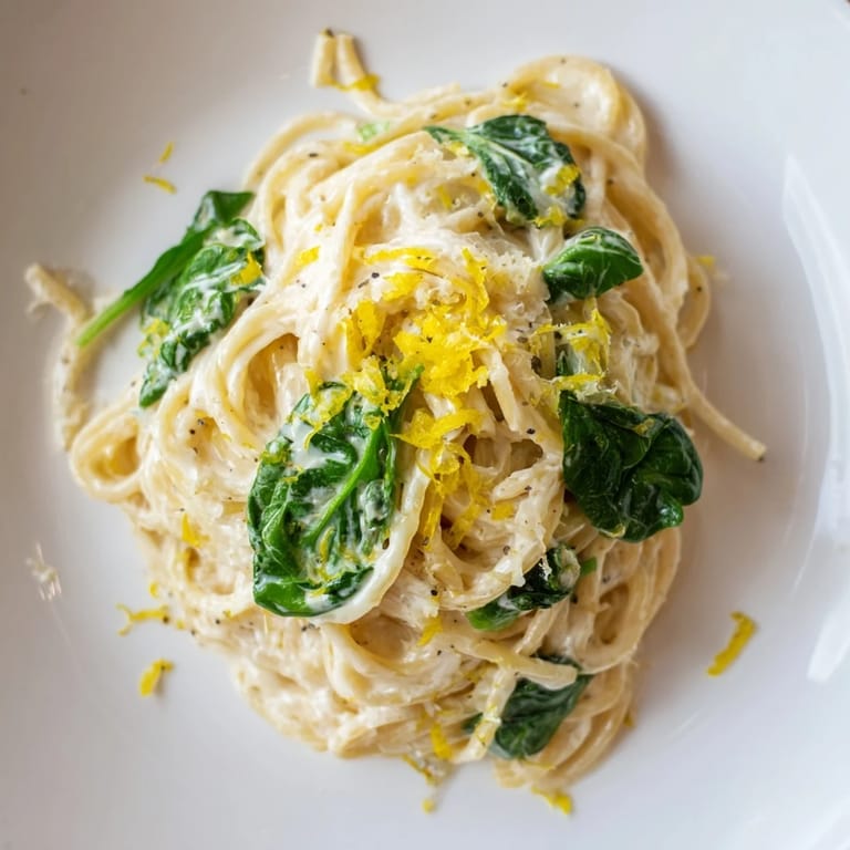 Serve Creamy Lemon Spinach Spaghetti al dente with Parmesan and lemon wedge for weeknight dinner.