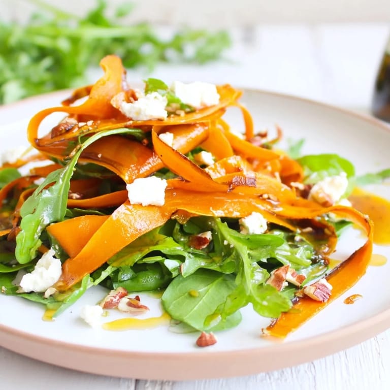 A vibrant platter of roasted carrot ribbons, crisp greens, and toasted pecans drizzled with honey-mustard vinaigrette.