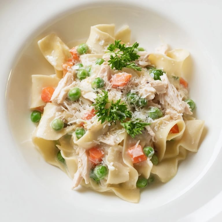 A steaming bowl of Spring Chicken Noodle Skillet with colorful vegetables and shredded chicken, ready to be enjoyed as a perfect springtime dinner.