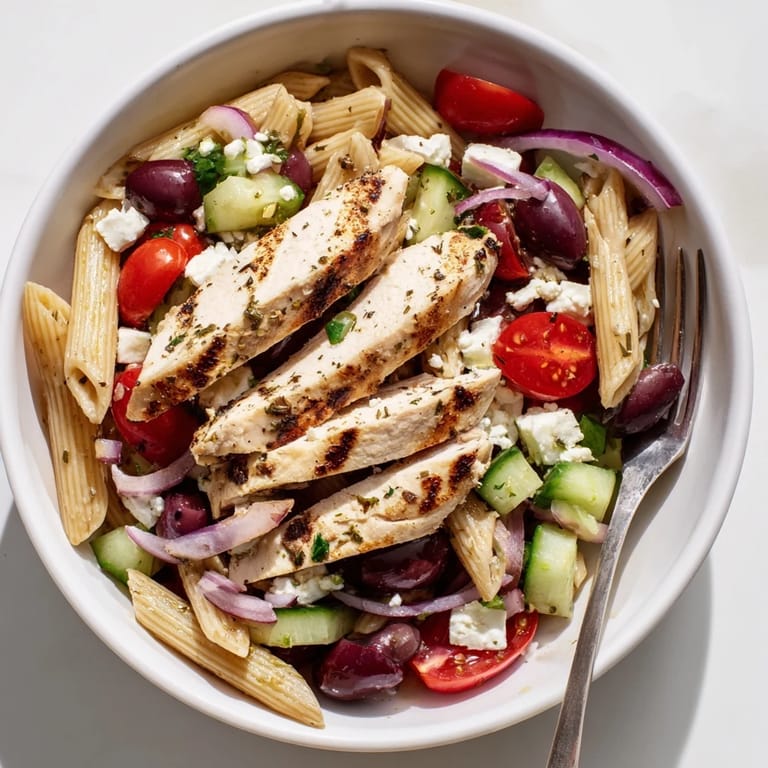 Freshly prepared Greek Chicken Pasta Bowl featuring tender chicken, red onion, feta, and a zesty olive oil dressing.