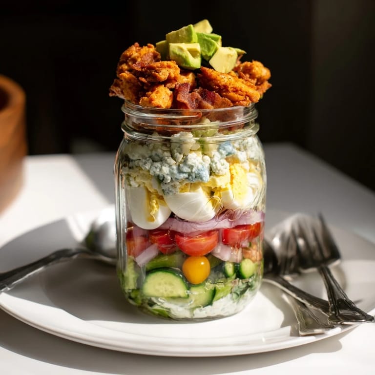 In a glass jar, Crispy Chicken Cobb Salad layers cherry tomatoes, cucumbers, red onion, and avocado for a fresh, portable lunch.  