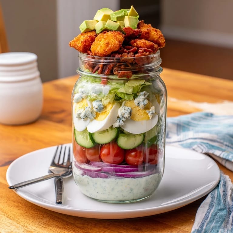 Homemade Crispy Chicken Cobb Jar Salad showcases crunchy chicken, crumbled bacon, and blue cheese dressed in a creamy herb vinaigrette.