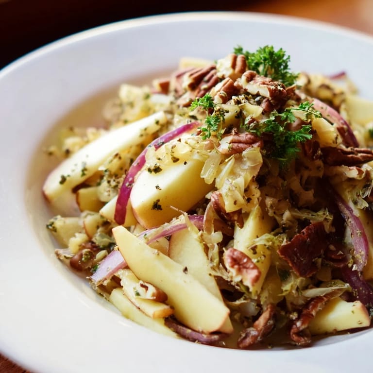 A close-up view of a vibrant skillet salad featuring Warm Apple and Sauerkraut Salad with toasted walnuts and caraway seeds.  