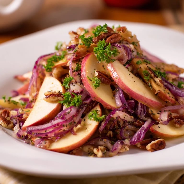 A rustic serving platter holds the finished Warm Apple and Sauerkraut Salad, garnished with fresh parsley and ready to eat.