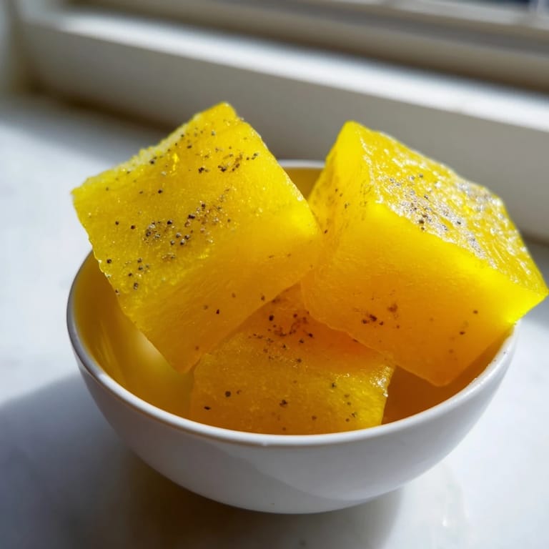 Vivid orange Lemon Ginger Turmeric Wellness Cubes glistening with frost, ready to dissolve in warm water or a smoothie for an immune boost.