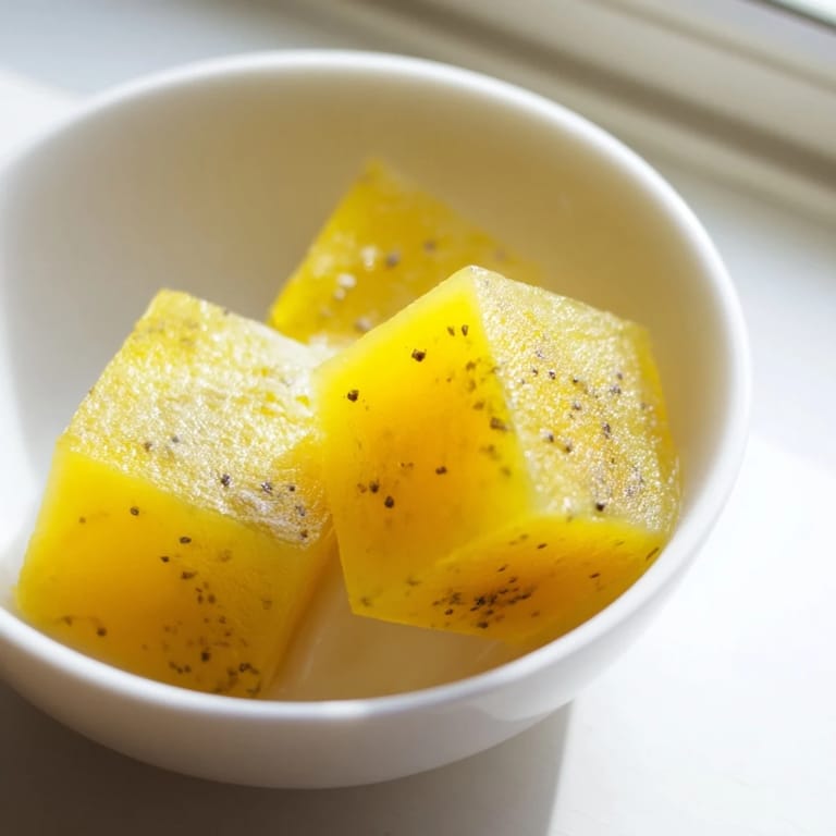 Homemade Lemon Ginger Turmeric Wellness Cubes arranged on a marble countertop, capturing the zesty citrus scent and earthy turmeric essence.