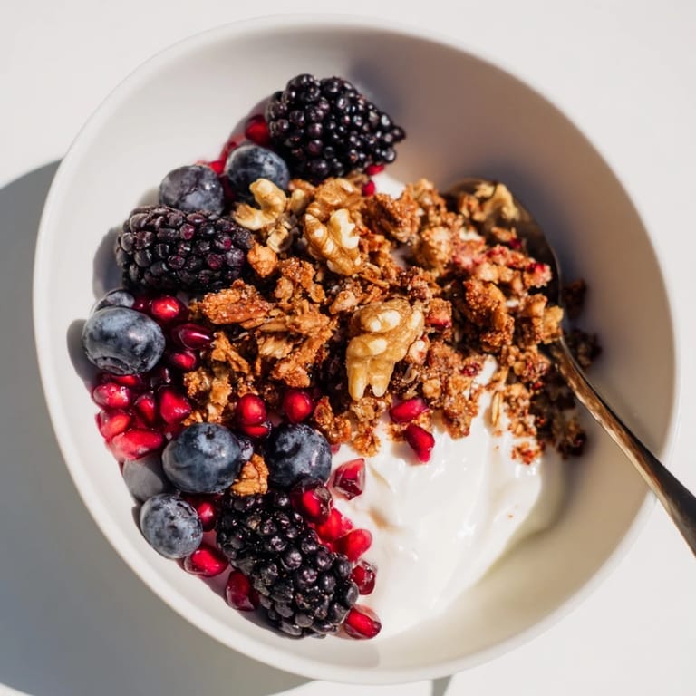 A close-up of a yogurt bowl with winter berries and spiced crunch, glowing with cinnamon, ginger, and nutmeg.