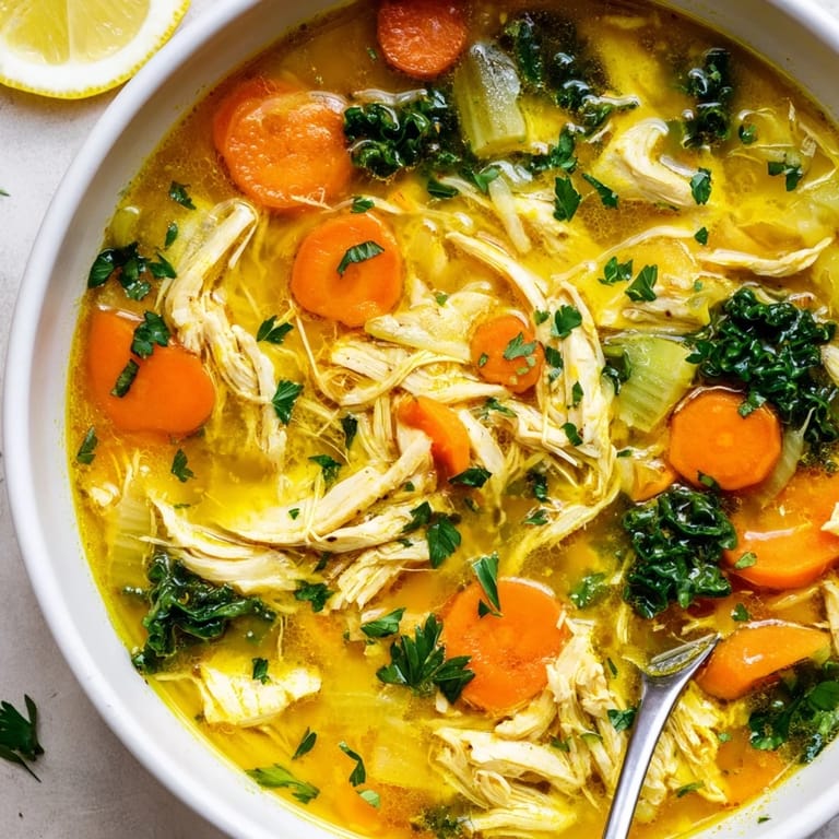 Golden High Protein Lemon and Turmeric Chicken Soup with tender chicken, carrots, and wilted baby kale.