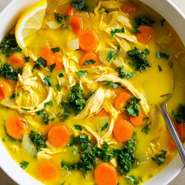 Healthy, gluten-free High Protein Lemon and Turmeric Chicken Soup served with a lemon wedge on the side.