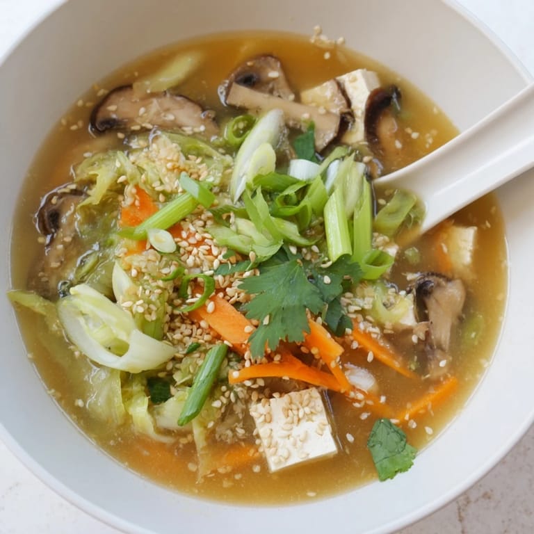 Ginger-Miso Winter Soup in a rustic bowl, featuring tender napa cabbage and shiitake mushrooms in a savory broth.
