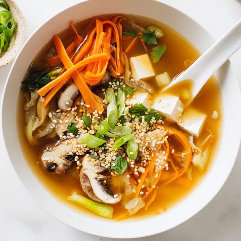 A close-up of Ginger-Miso Winter Soup, revealing julienned carrots and silky tofu in a rich, umami-filled broth.