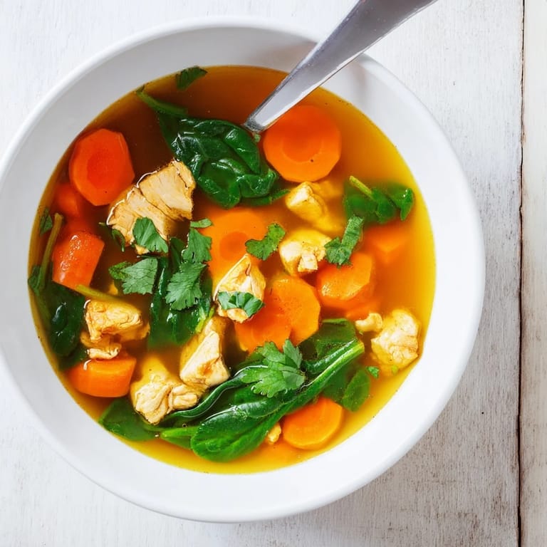 Hearty Turmeric Chicken Soup in a rustic bowl, with tender chicken pieces, carrots, and celery in golden broth.