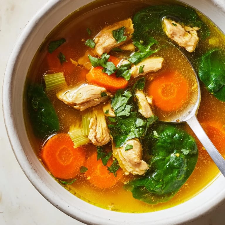 Golden-hued Turmeric Chicken Soup with wilted kale, lemon wedges, and a sprinkle of herbs for a nourishing meal.