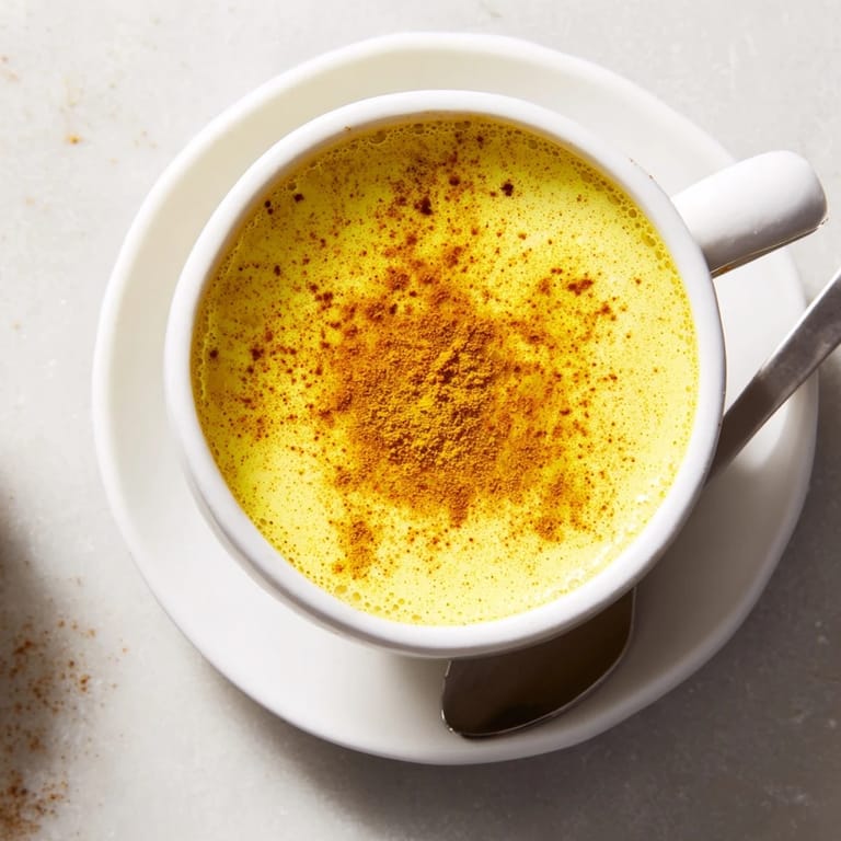 Warm turmeric and ginger golden milk simmering in a saucepan with aromatic spices and steam rising.  