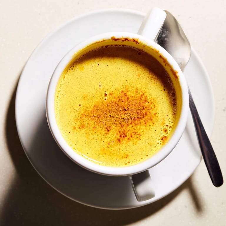 Steaming mug of golden milk infused with turmeric and ginger, paired with almond biscotti on a wooden table.
